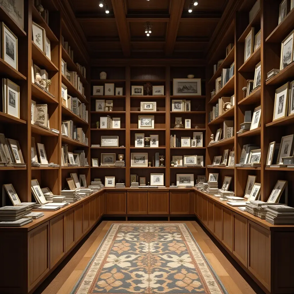 a photo of a library with wooden shelves displaying art and crafts