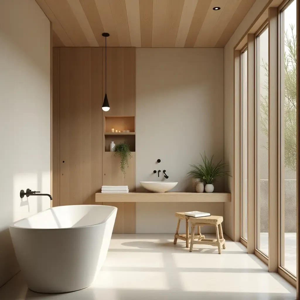 a photo of a serene bathroom with a focus on natural materials and light