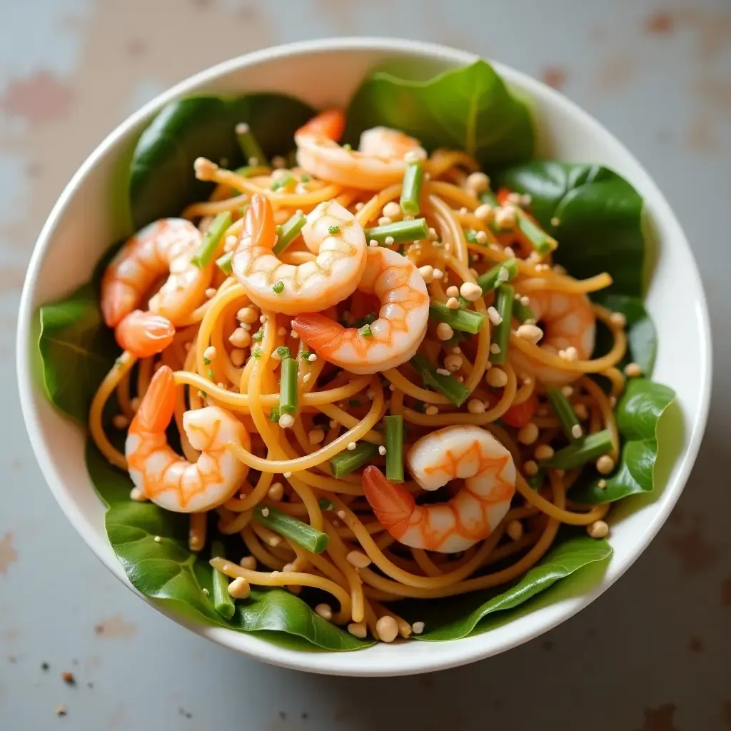 a photo of colorful Thai glass noodle salad with shrimp and crushed peanuts