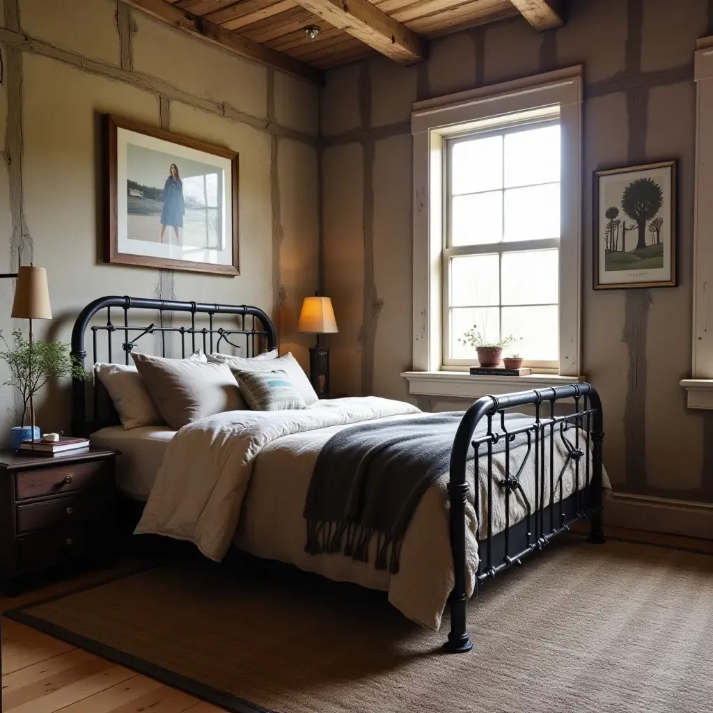 a photo of a vintage metal bed frame in a rugged teen room