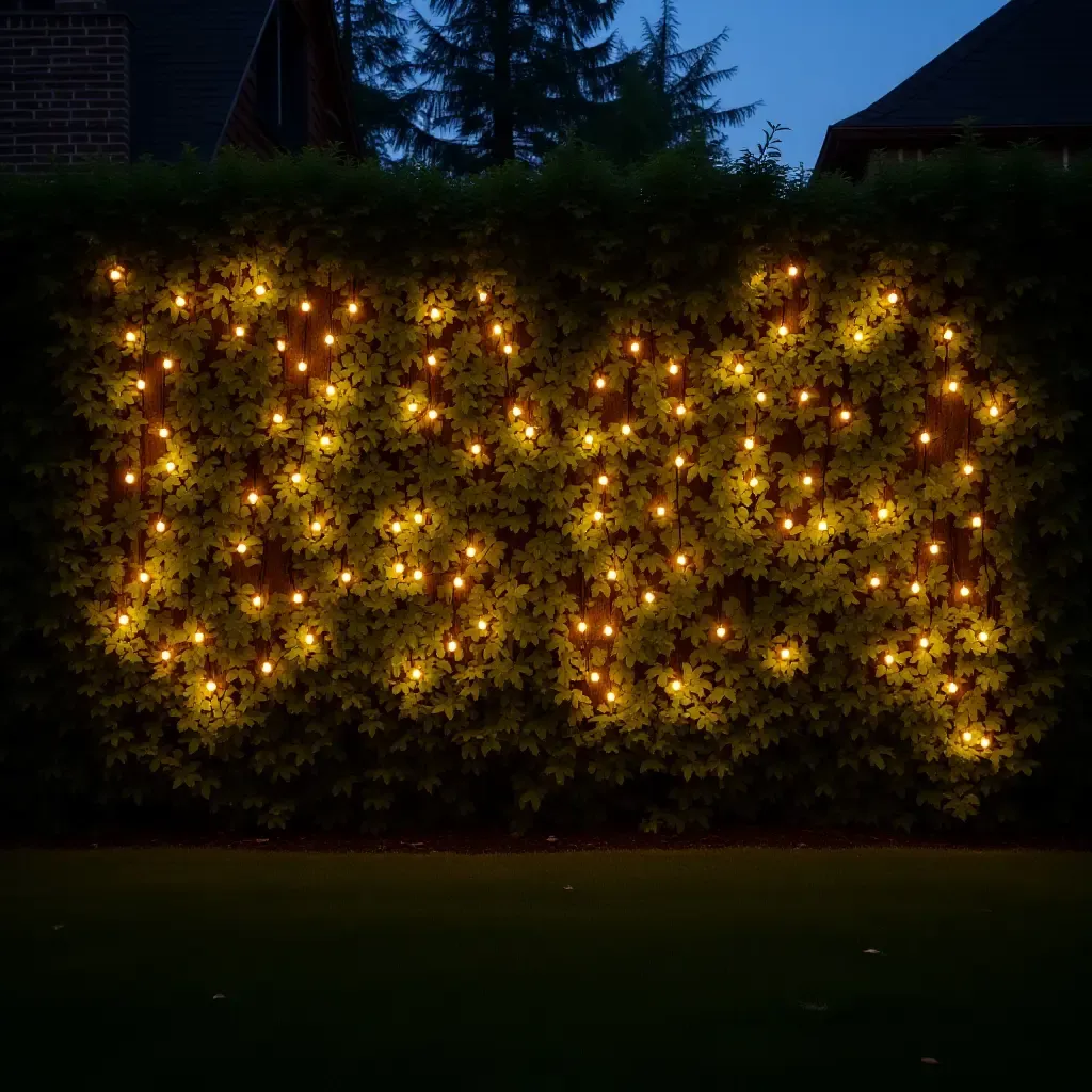 a photo of a charming garden wall with fairy lights