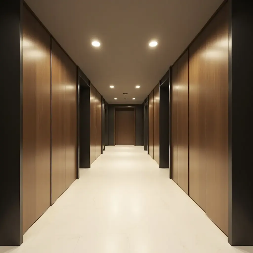 a photo of a sleek corridor with metallic accents and minimalist design