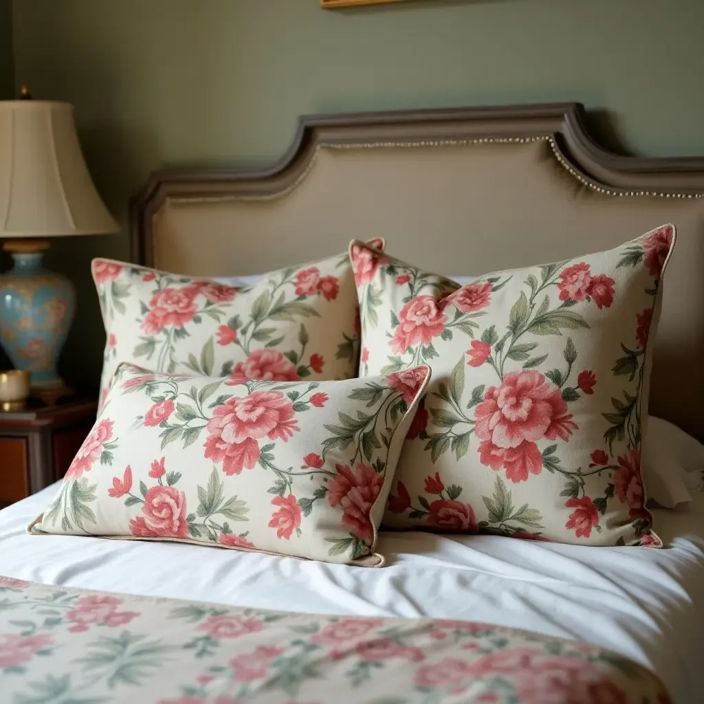 a photo of a vintage bedroom with floral throw pillows