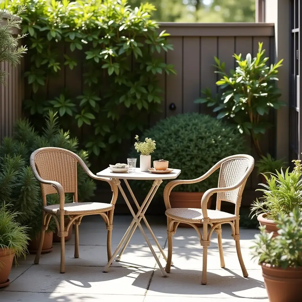 a photo of a bistro table set for two on a charming 12x12 patio