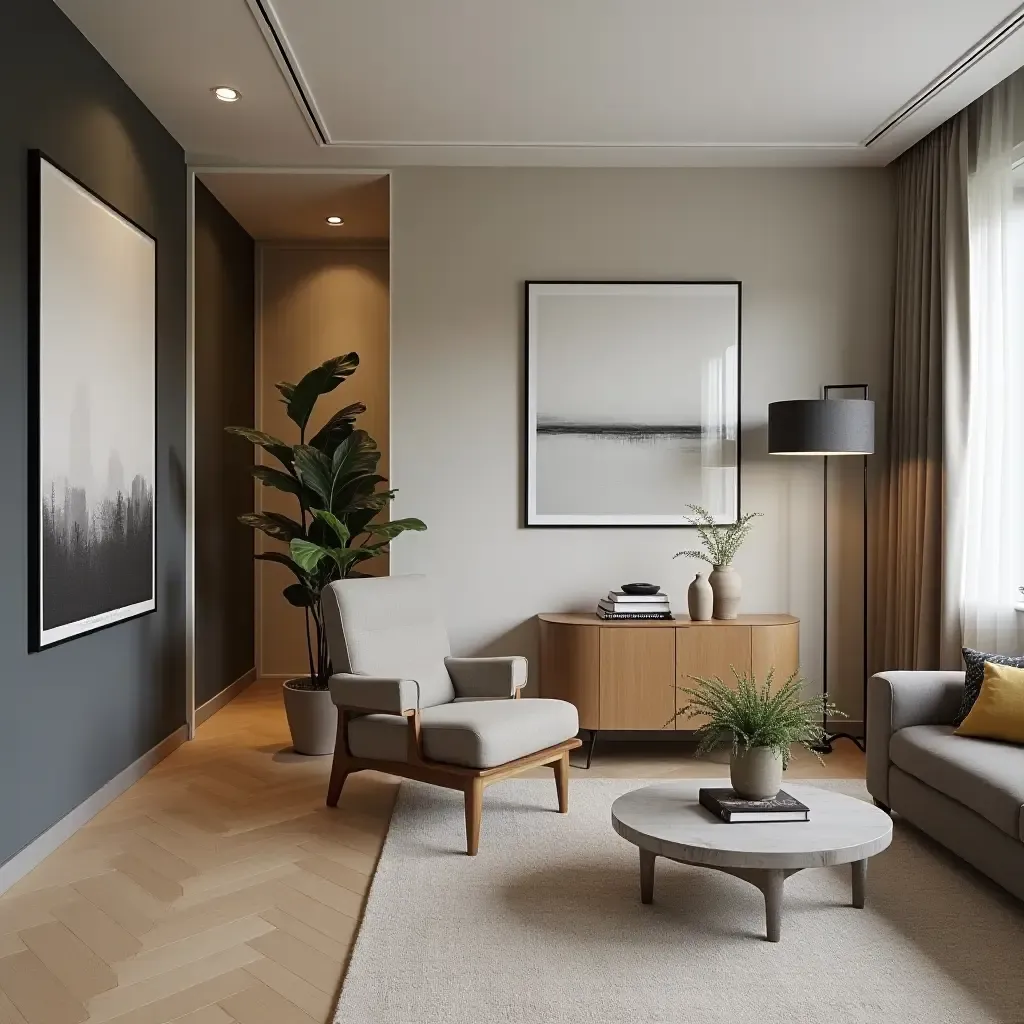 a photo of a modern apartment featuring a vintage armchair paired with sleek furniture