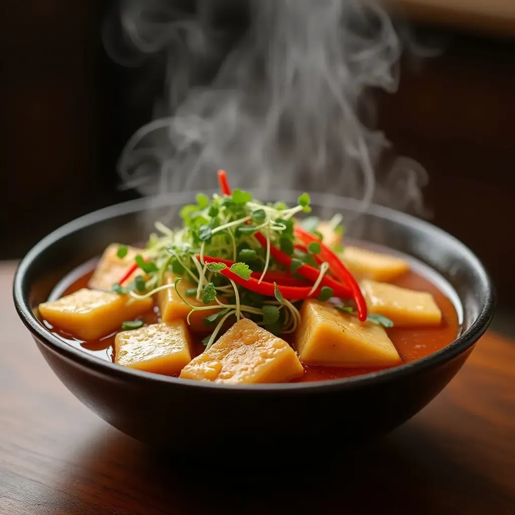 a photo of a steaming bowl of mapo tofu with vibrant vegetables and chili oil.