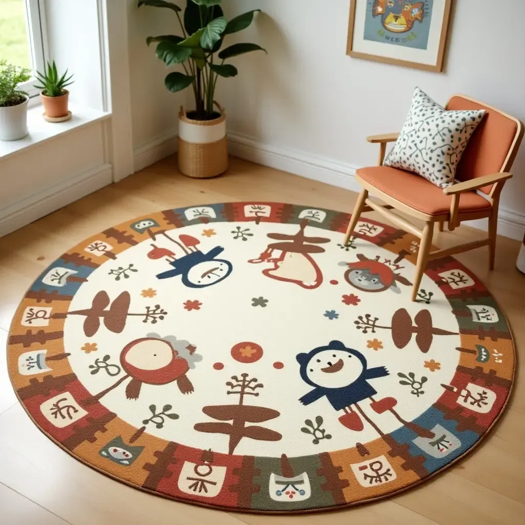 a photo of a whimsical rug with cartoon characters in a playful area