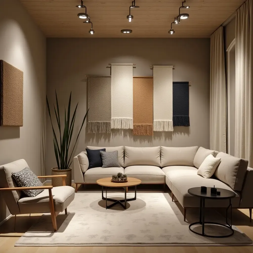 a photo of a modern basement showcasing fabric wall hangings, wooden furniture, and metal light fixtures