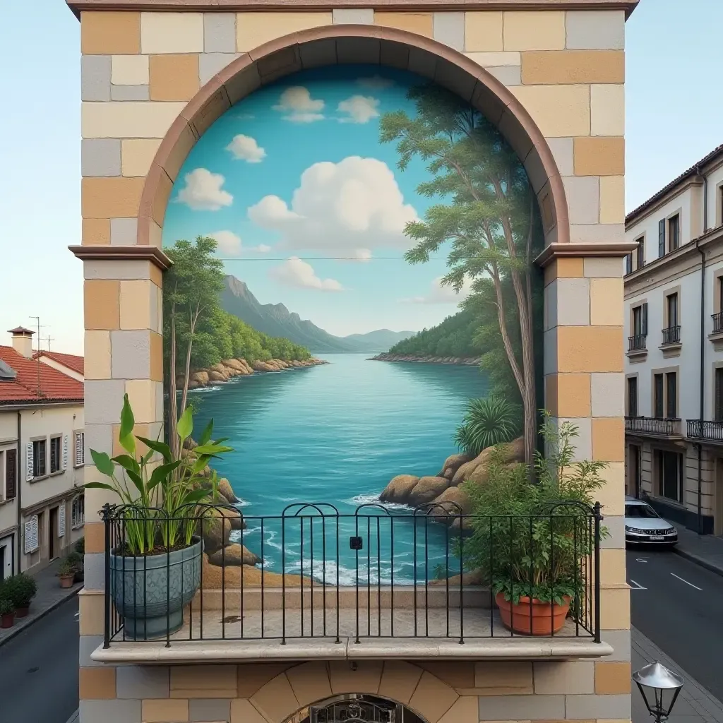 a photo of a mural depicting a serene landscape on a balcony