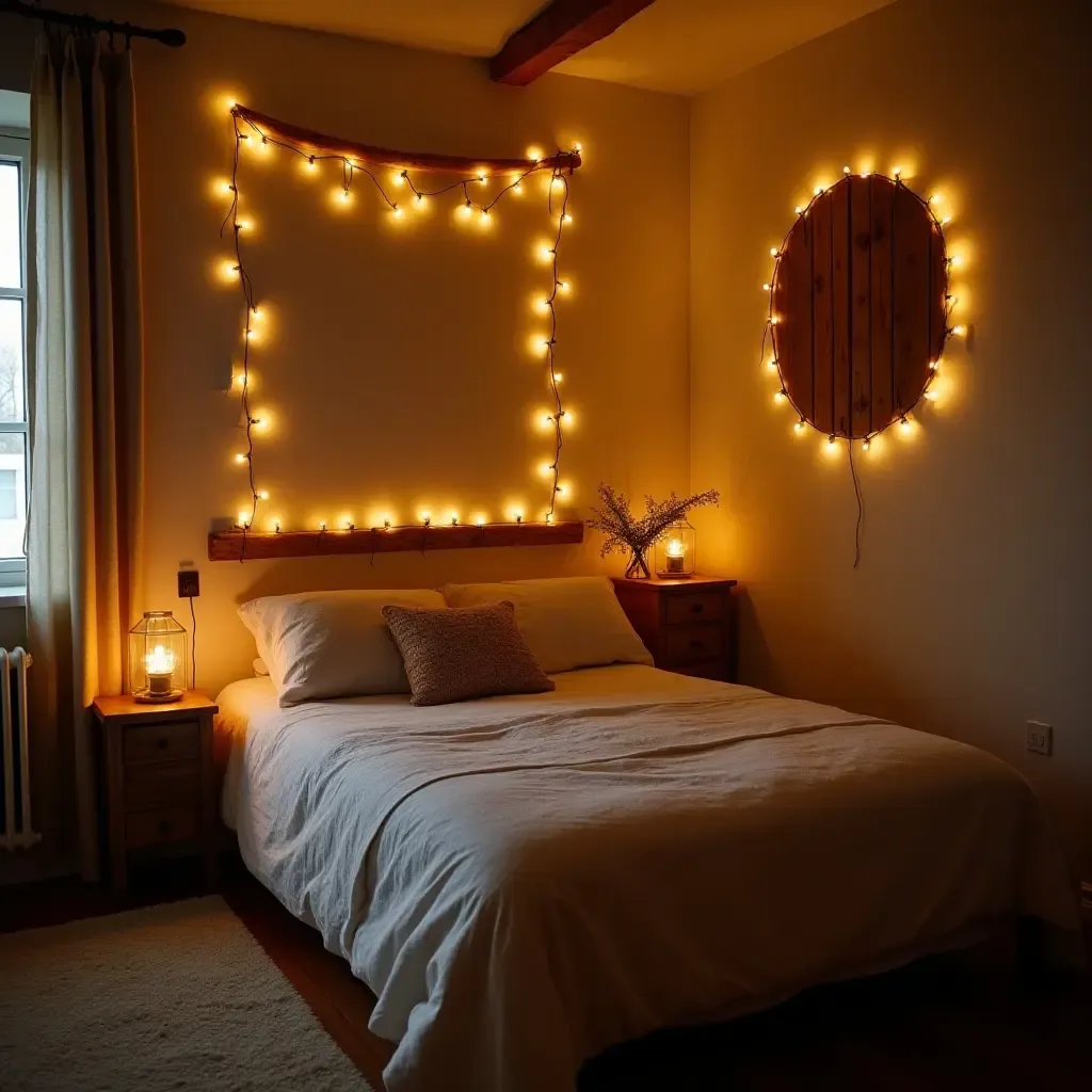 a photo of a warm and inviting bedroom with fairy lights and rustic wall art