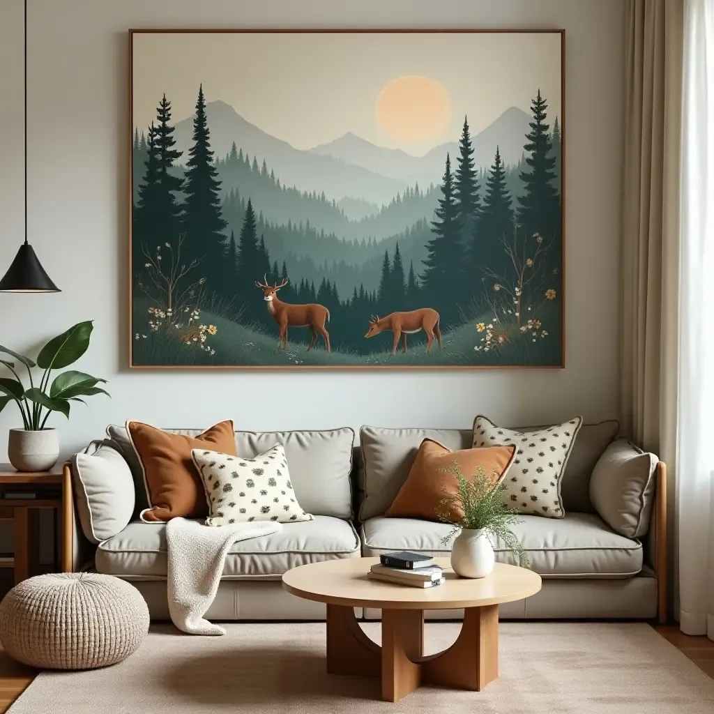 a photo of a cozy space with forest-themed artwork and nature-inspired accessories