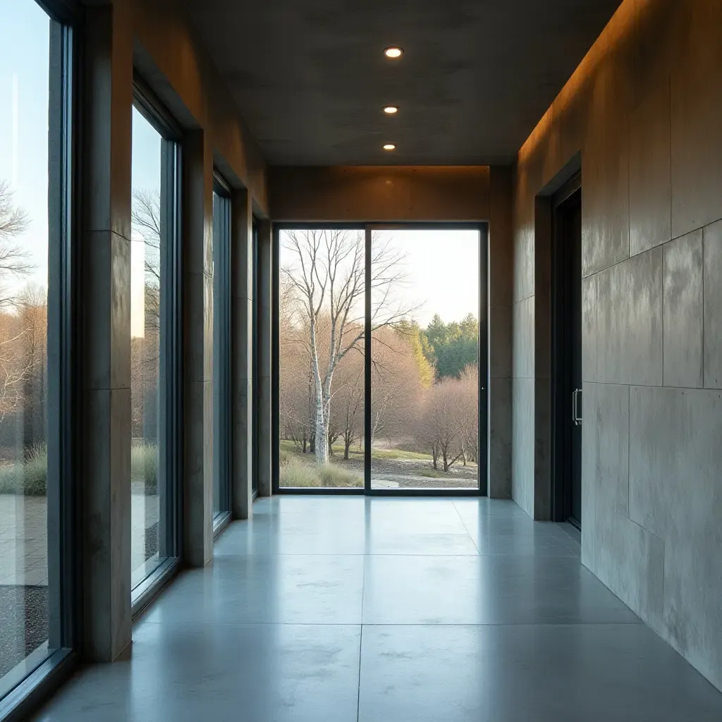 a photo of a hallway featuring large windows with metal frames