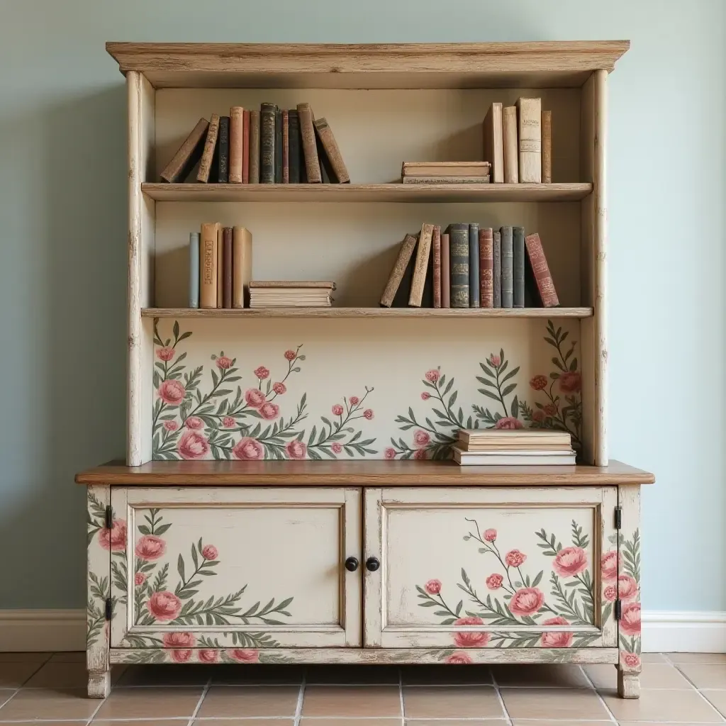 a photo of a hand-painted bookshelf with floral designs