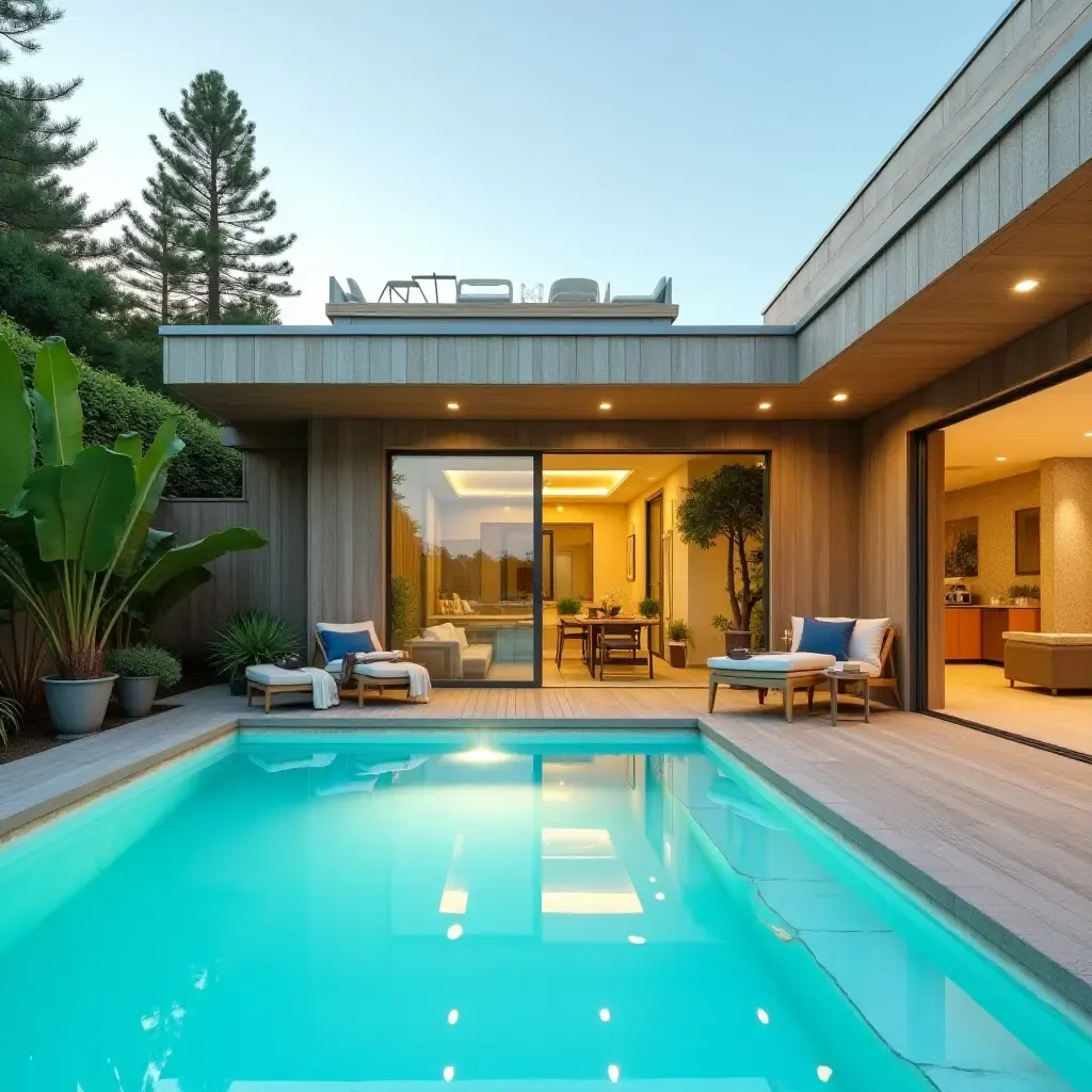 a photo of a vibrant poolside area featuring eco-friendly storage