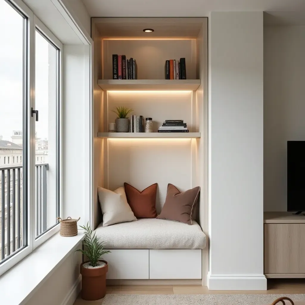 a photo of a balcony shelf styled for a cozy reading nook with cushions