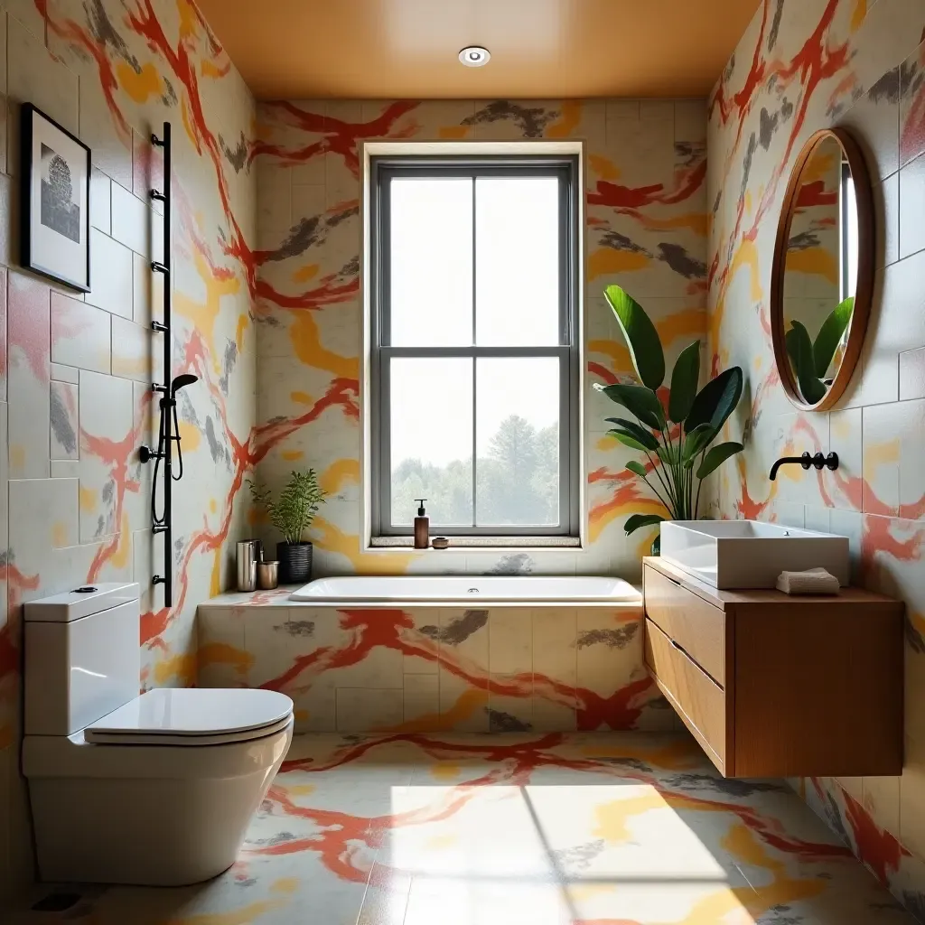 a photo of a trendy bathroom with bold colored tiles and artistic elements