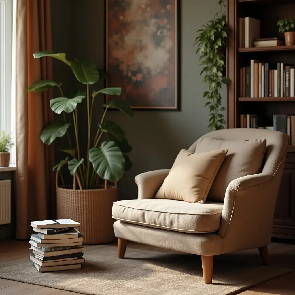 a photo of a reading corner with a comfortable sofa and a stack of books