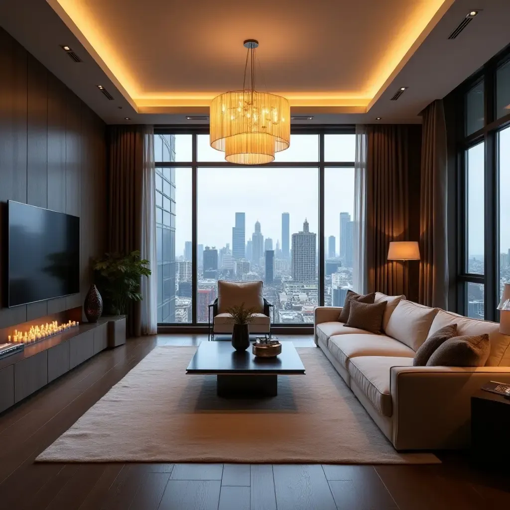 a photo of a luxurious penthouse living room with dramatic pendant lighting and city views