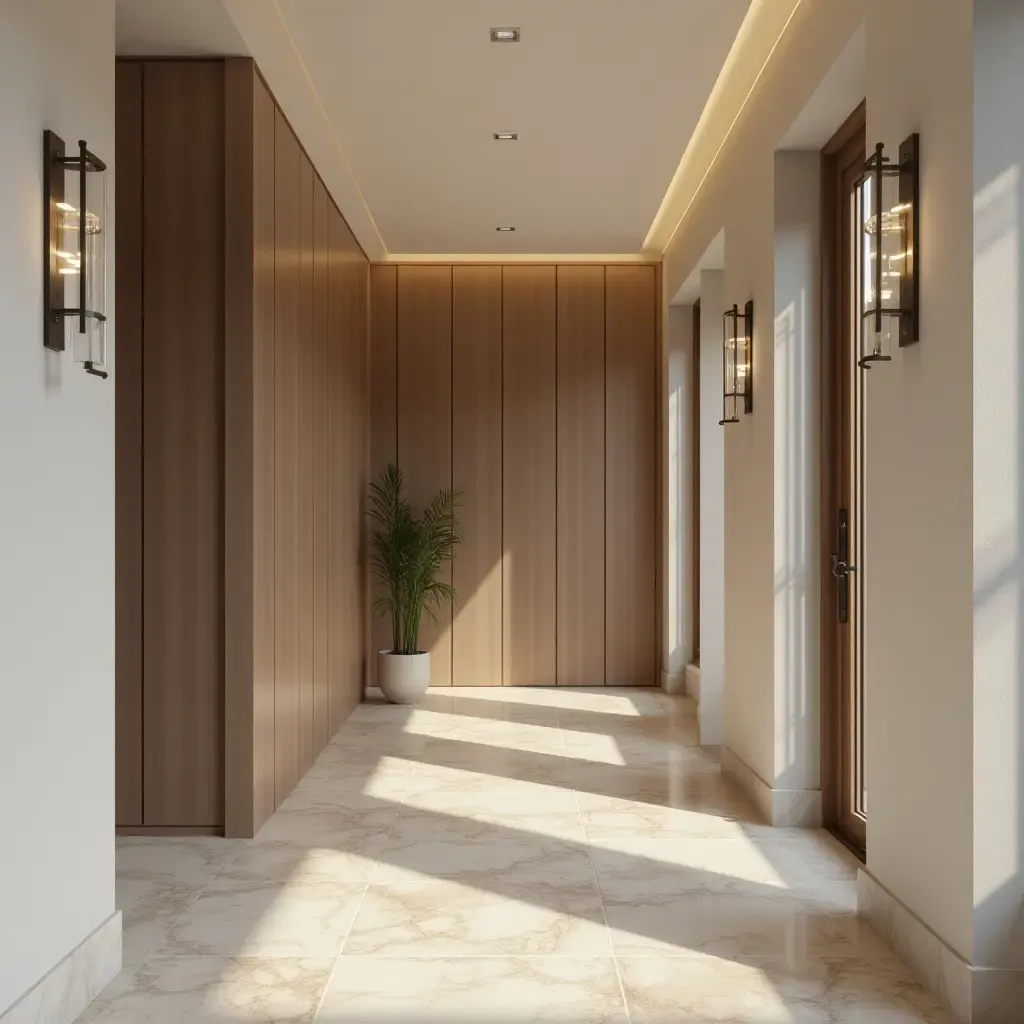 a photo of a chic entrance hall with a narrow hallway design