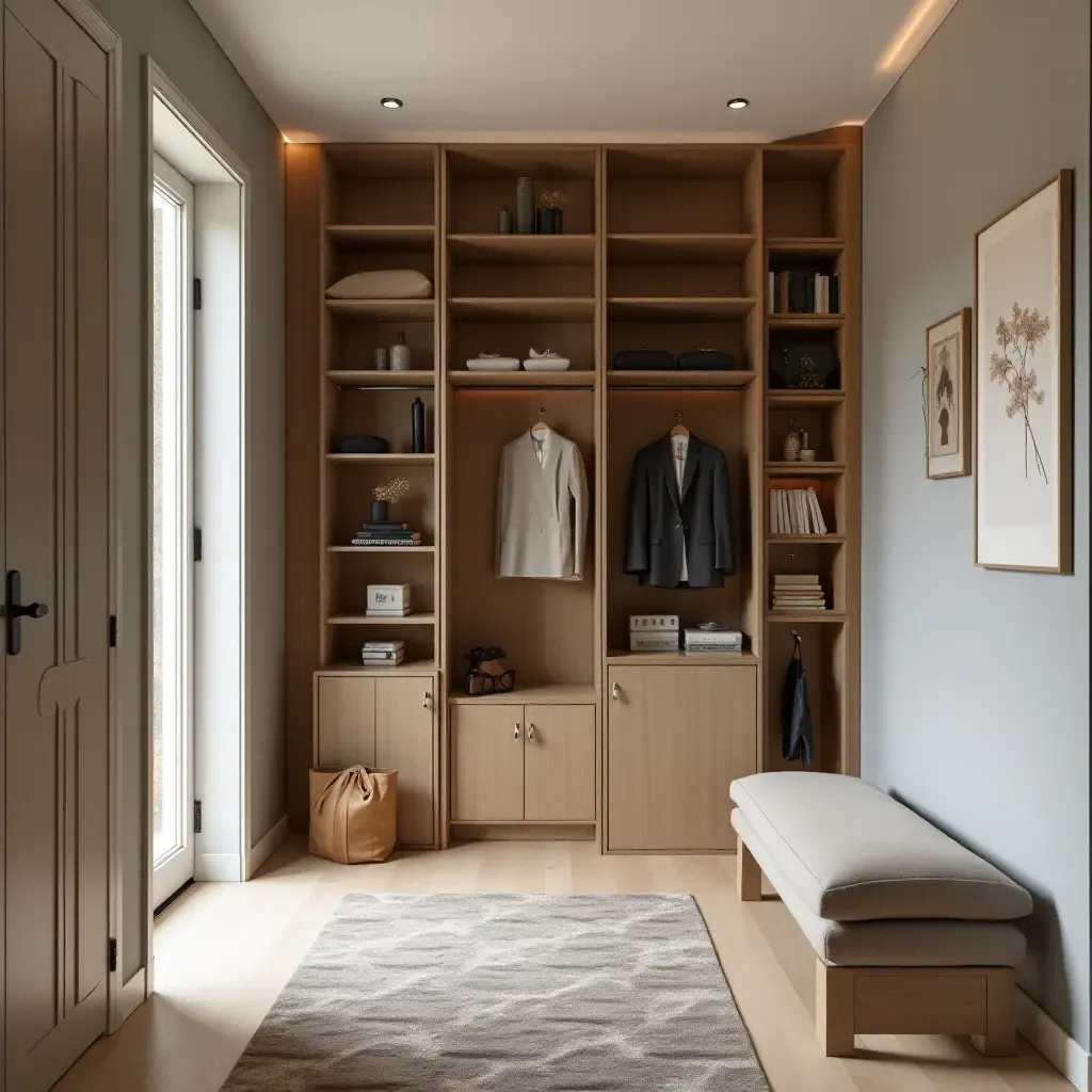 a photo of an entrance hall with a compact bookshelf and seating