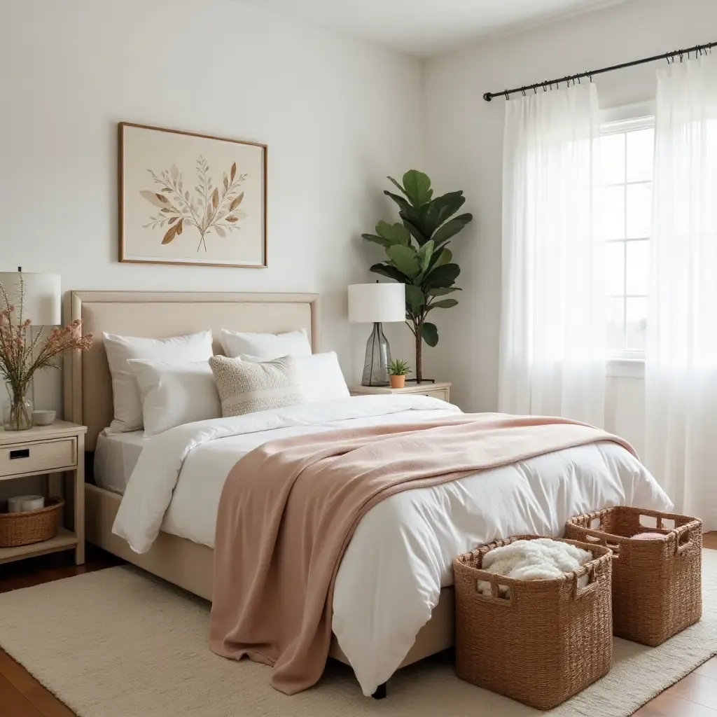 a photo of a cozy bedroom featuring decorative storage baskets