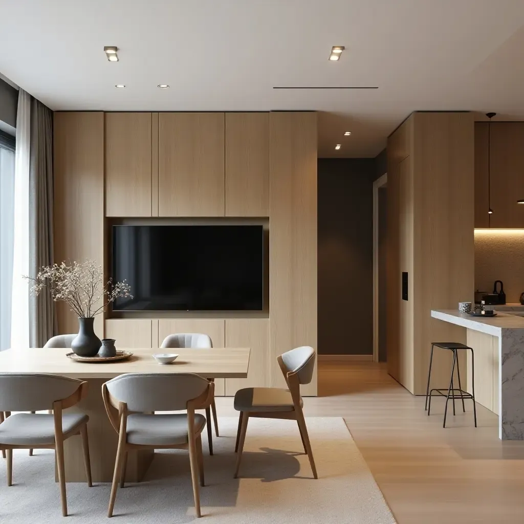 a photo of a dining room with a TV cleverly hidden in a sliding panel