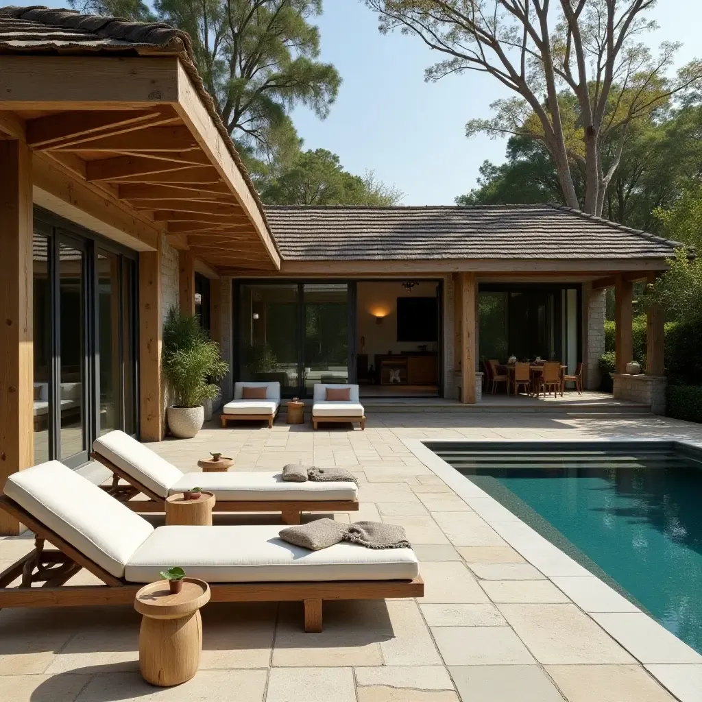 a photo of a rustic poolside lounge with reclaimed wood furniture