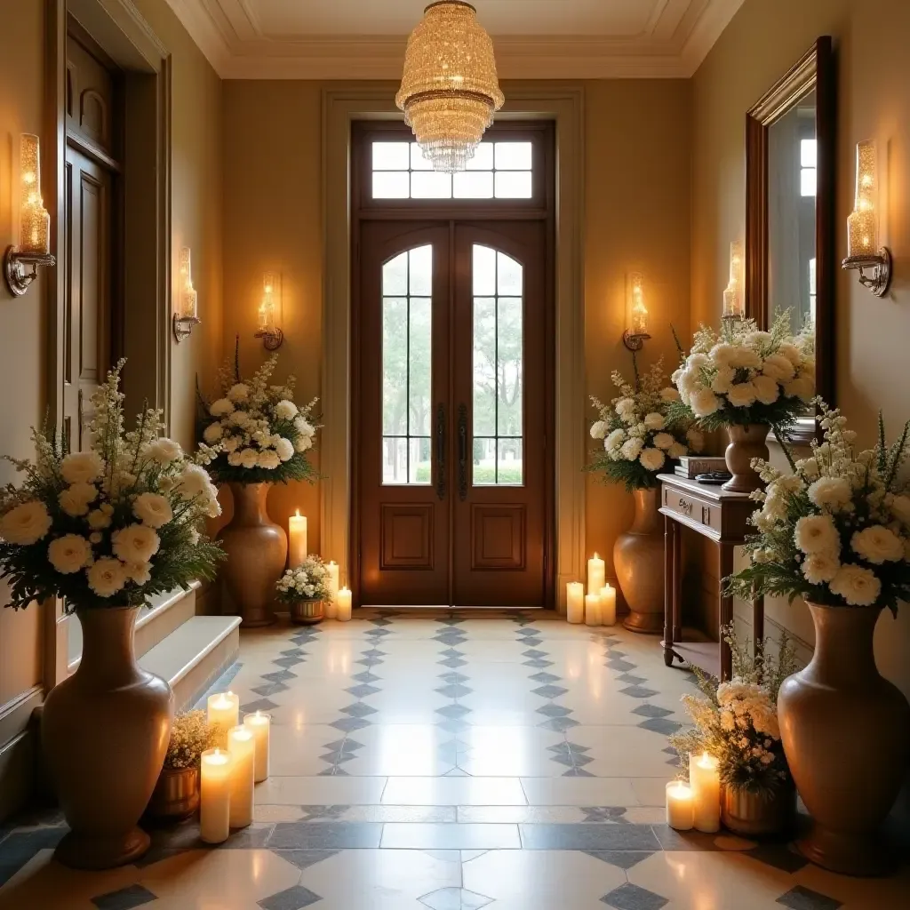 a photo of an elegant entrance hall adorned with fresh flowers and candles