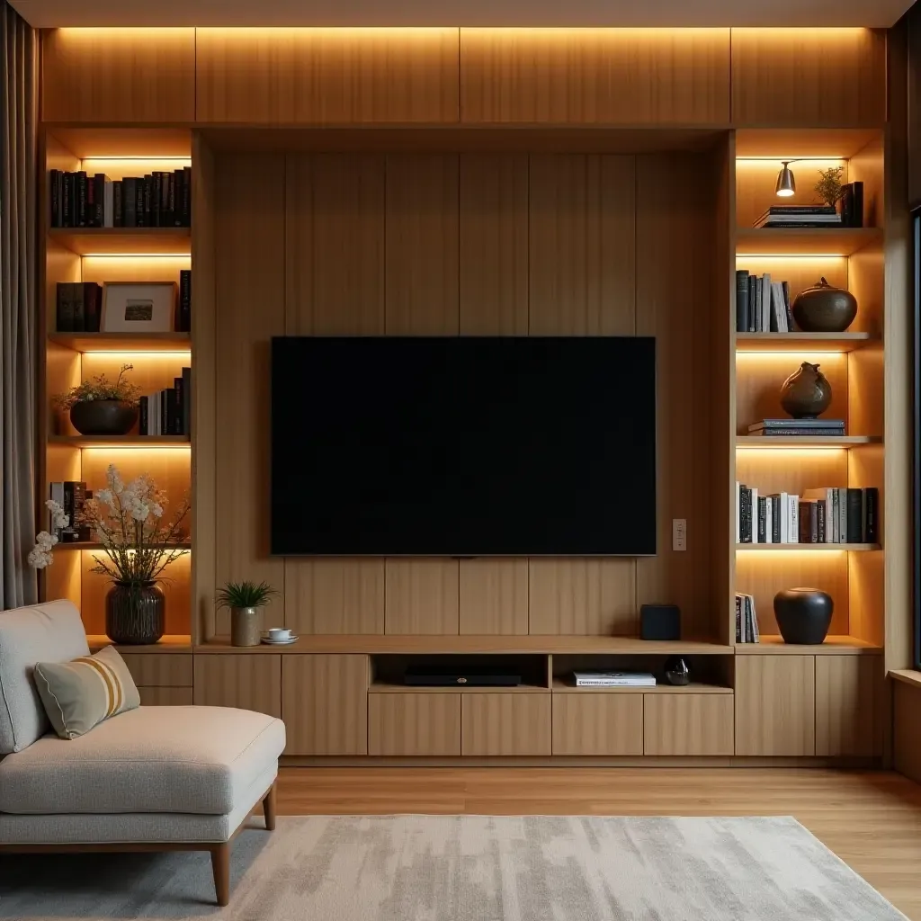 a photo of a cozy corner with a TV framed by built-in bookshelves and warm lighting