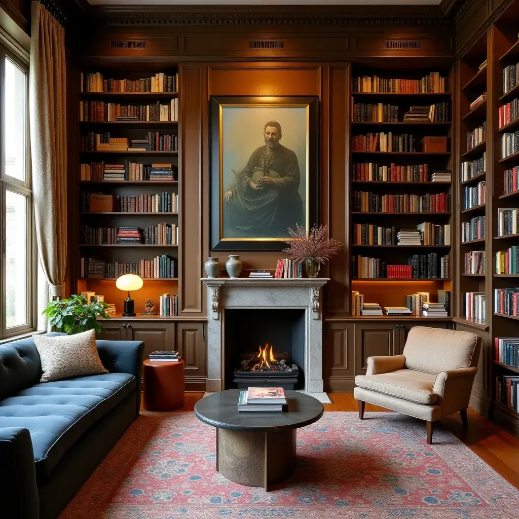 a photo of a library featuring an eclectic mix of art and books