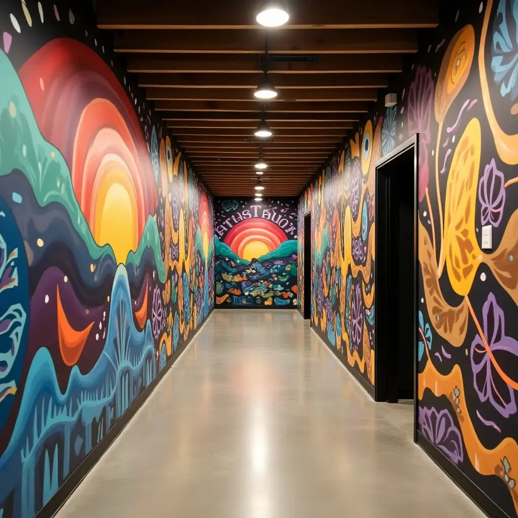 a photo of a basement mural showcasing artistic designs and colors