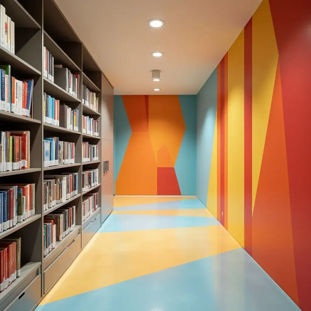 a photo of a colorful geometric pattern on library walls