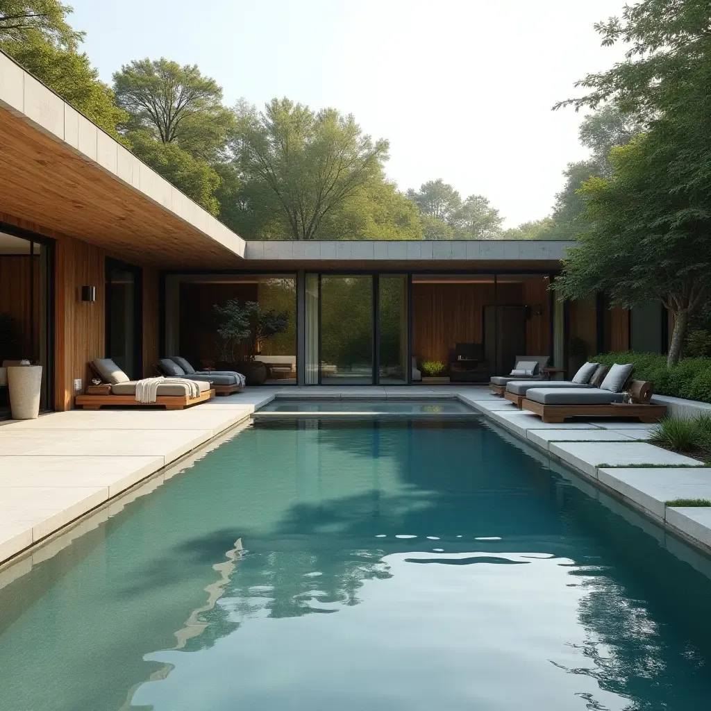 a photo of a peaceful Scandinavian poolside with natural stone and wooden accents