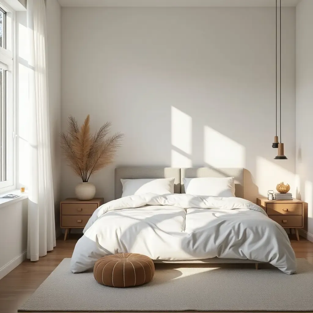 a photo of a tranquil Scandinavian-inspired bedroom with a focus on natural elements