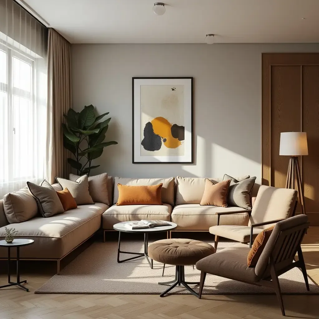 a photo of a living room with a blend of vintage and modern decor