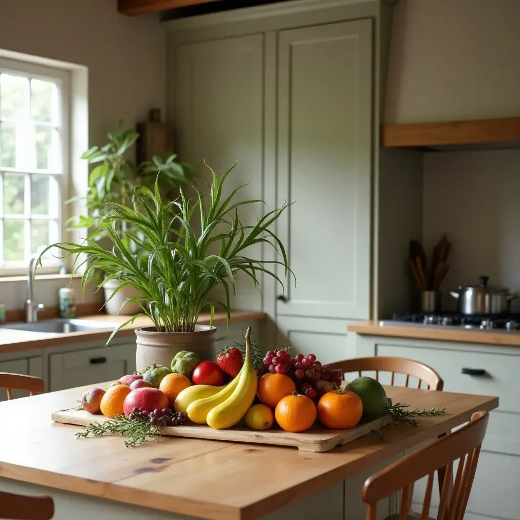 a photo of a kitchen with a creative fruit and plant display