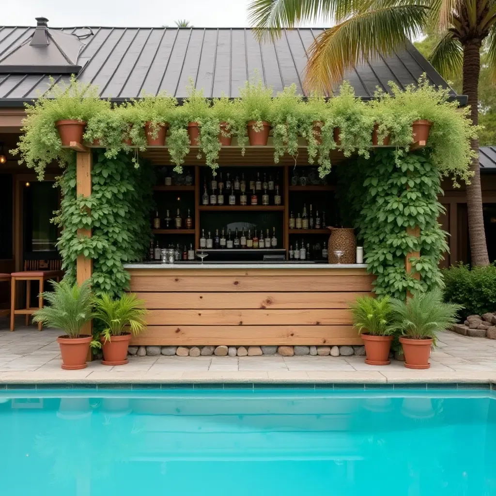 a photo of a poolside bar adorned with potted herbs