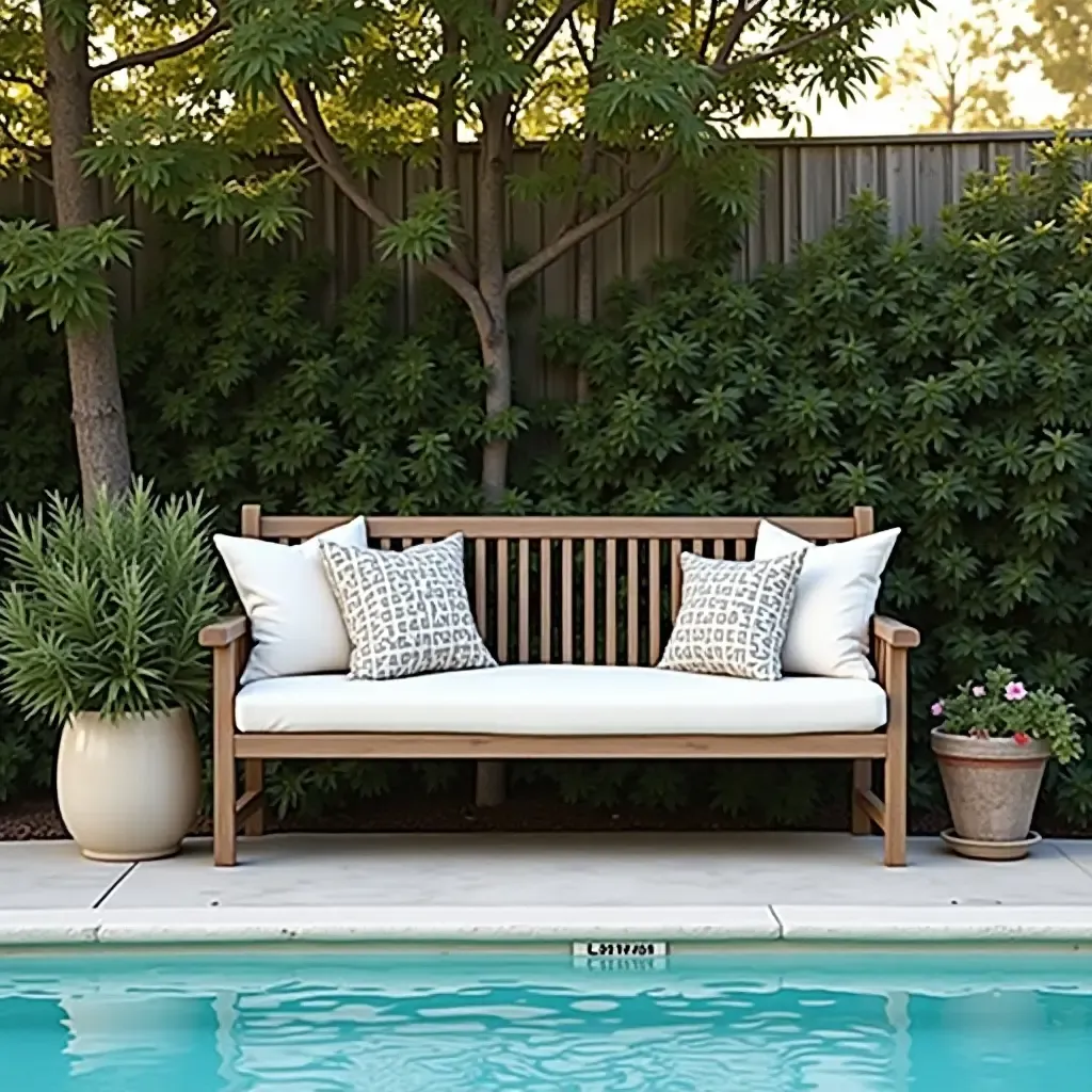 a photo of a cozy outdoor nook by the pool with a vintage bench and cushions