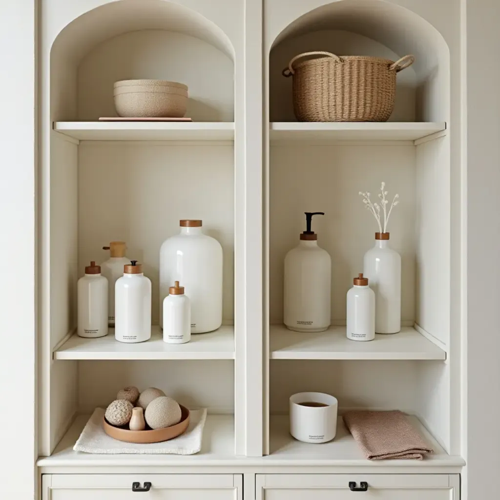 a photo of open shelves styled with a focus on sustainability and eco-friendly products