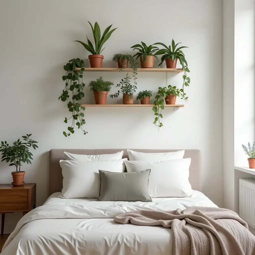 a photo of a bedroom featuring a plant ladder shelf