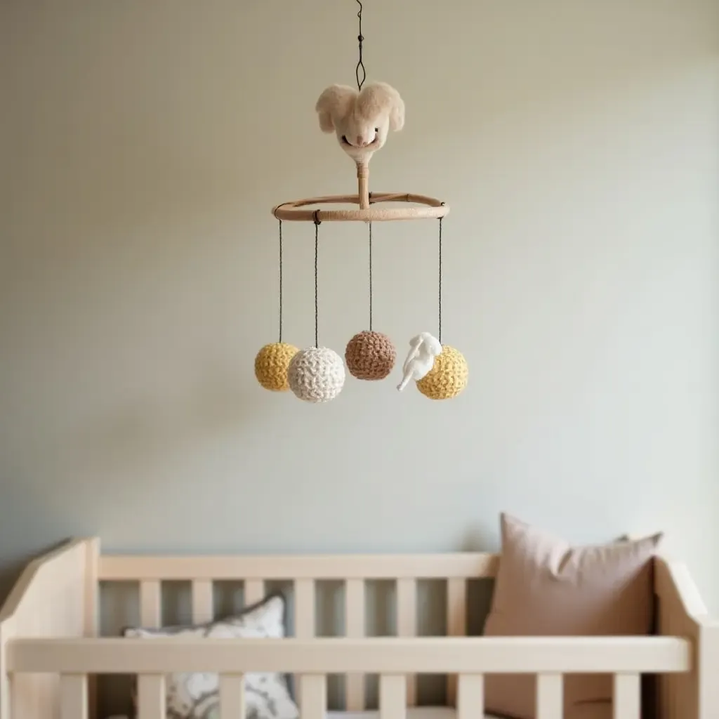 a photo of a vintage-style mobile hanging above a crib