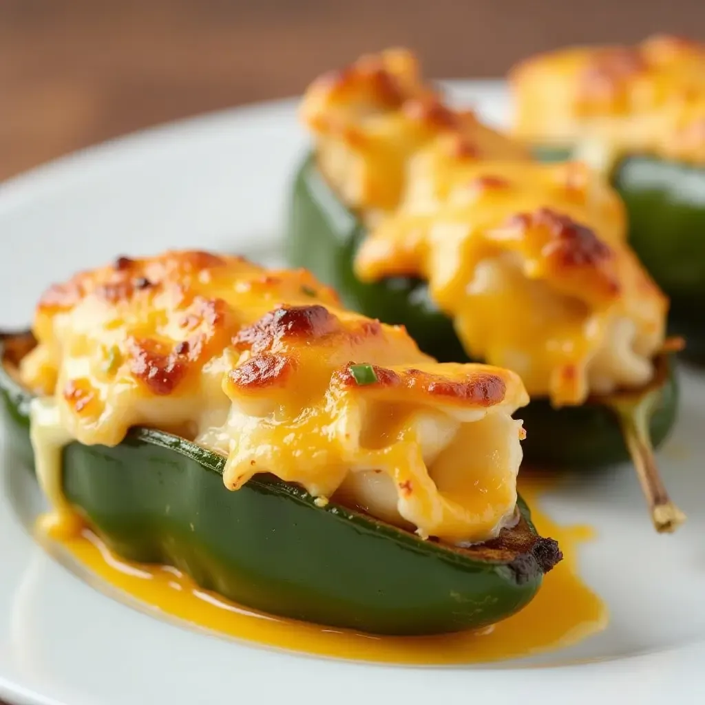 a photo of seafood-stuffed poblano peppers with melted cheese, served by the coast.