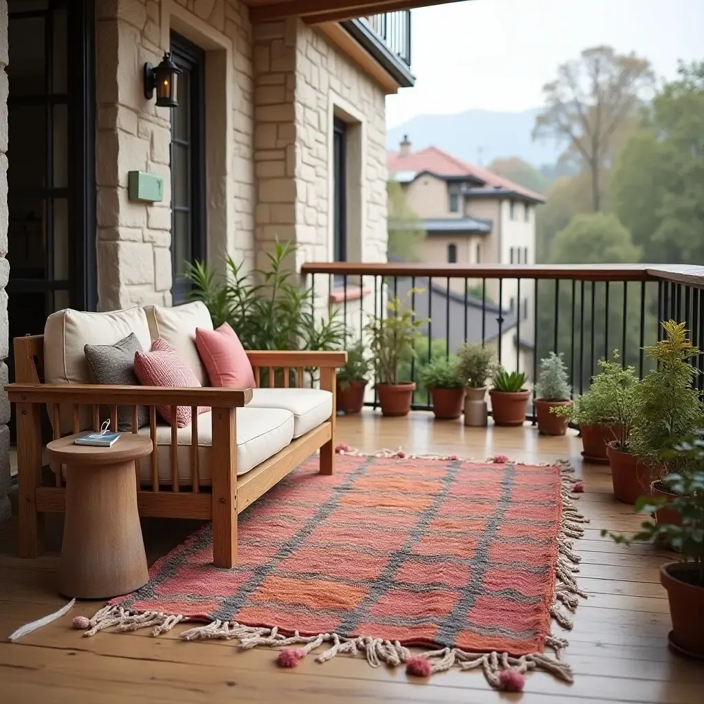 a photo of a unique, handwoven rug on an artisanal balcony