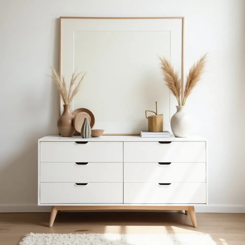 a photo of a minimalist dresser decorated with bohemian trinkets