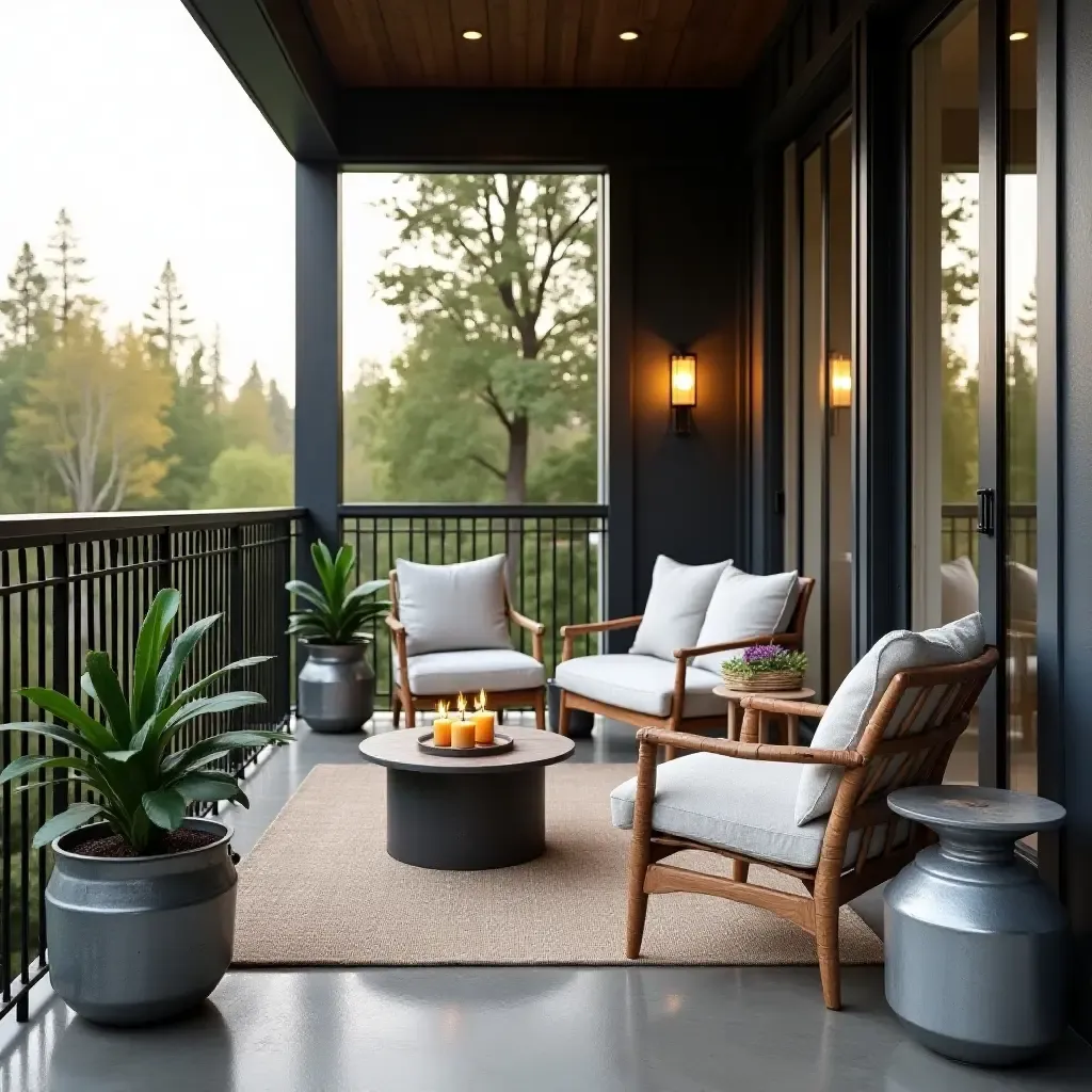 a photo of a balcony adorned with galvanized metal accents and cozy seating