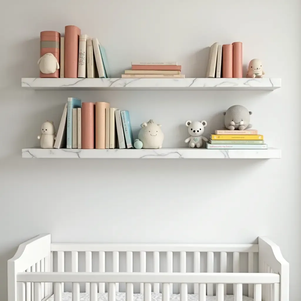 a photo of a serene nursery with marble shelves and colorful books