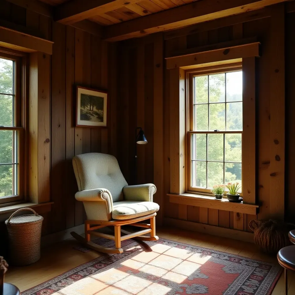 a photo of a rustic reading nook with wooden beams and a rocking chair