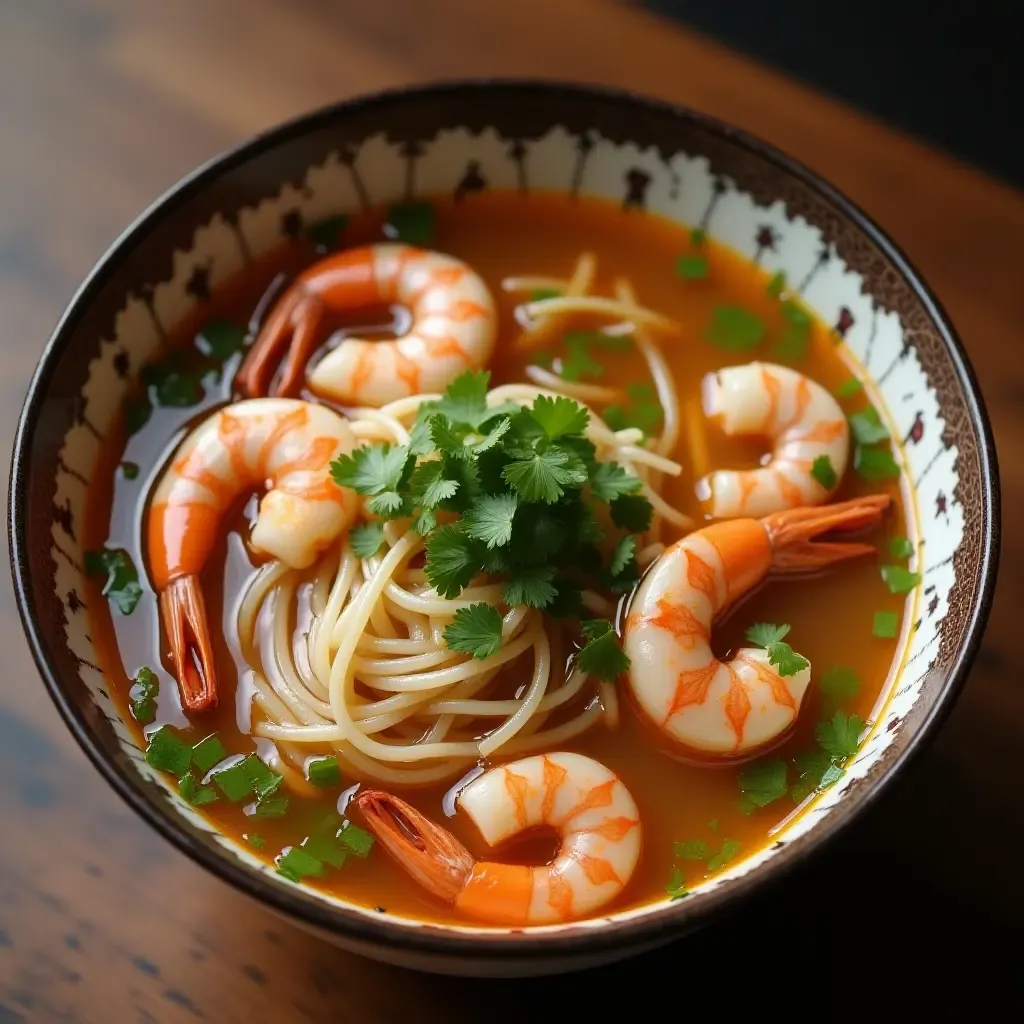 a photo of hearty hu tieu noodle soup with shrimp and pork in a clear broth