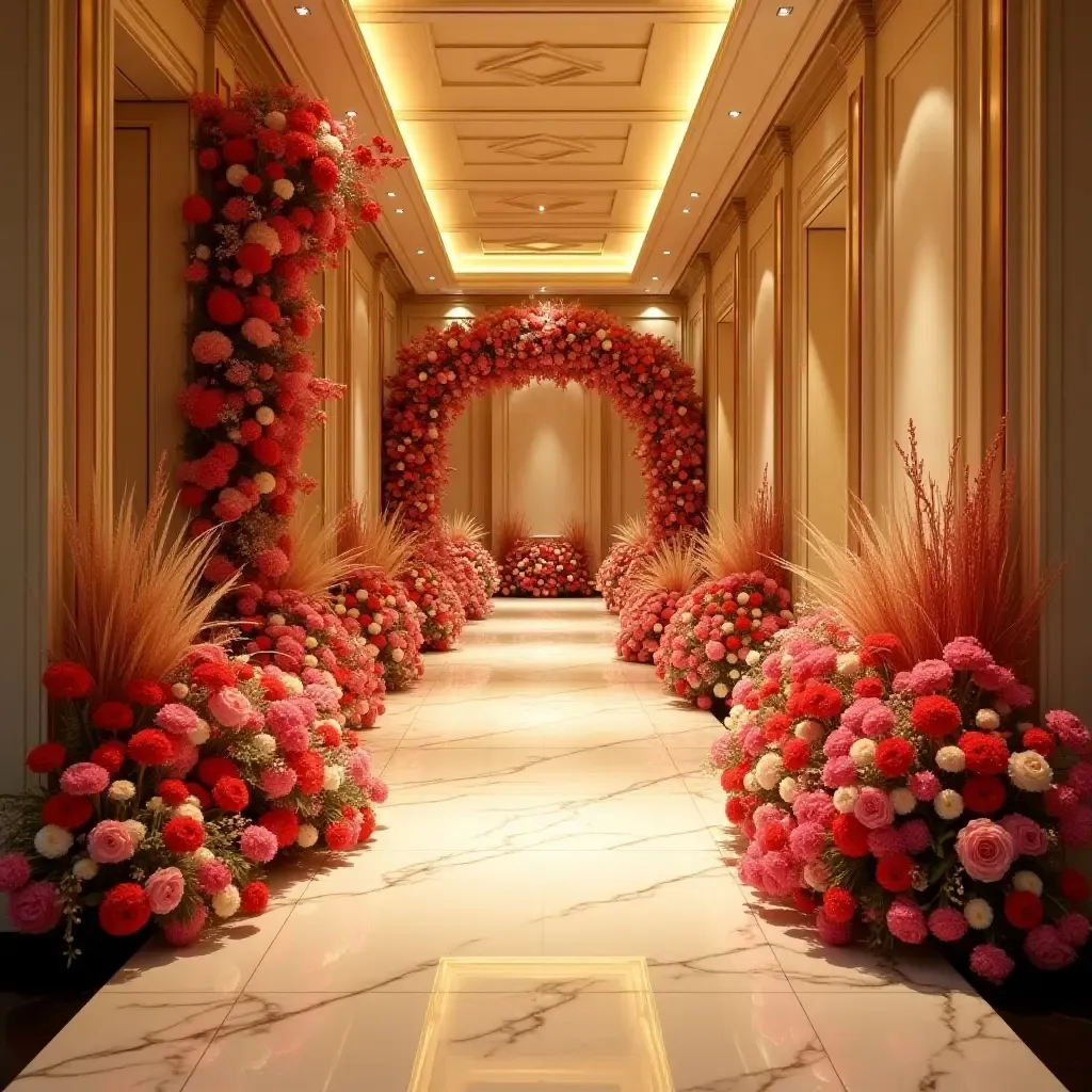 a photo of a glamorous corridor showcasing vibrant floral arrangements