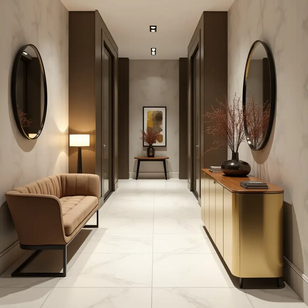 a photo of a sleek corridor featuring metallic accents on furniture and decor